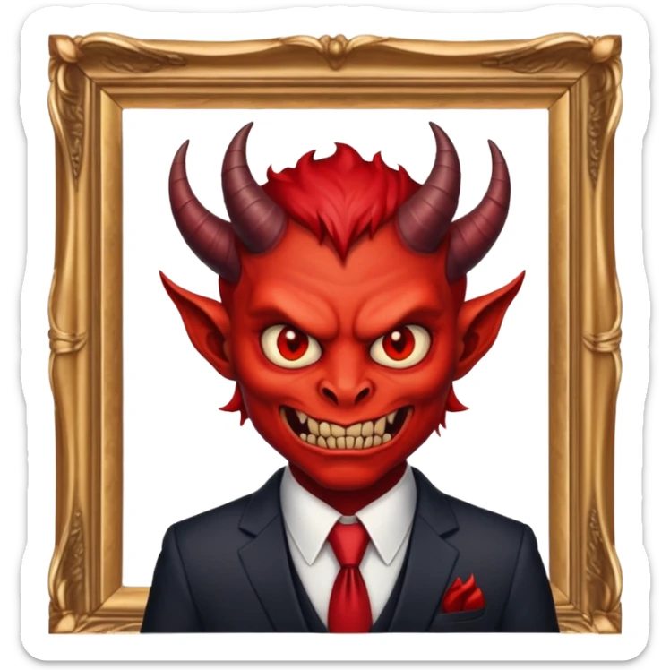 round oil painting in frame, portrait of a demon in a suit sticker