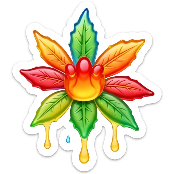generate an emoji-style image of a juicy gummy shaped like a marijuana flower, make it colorful and with liquid dripping out sticker