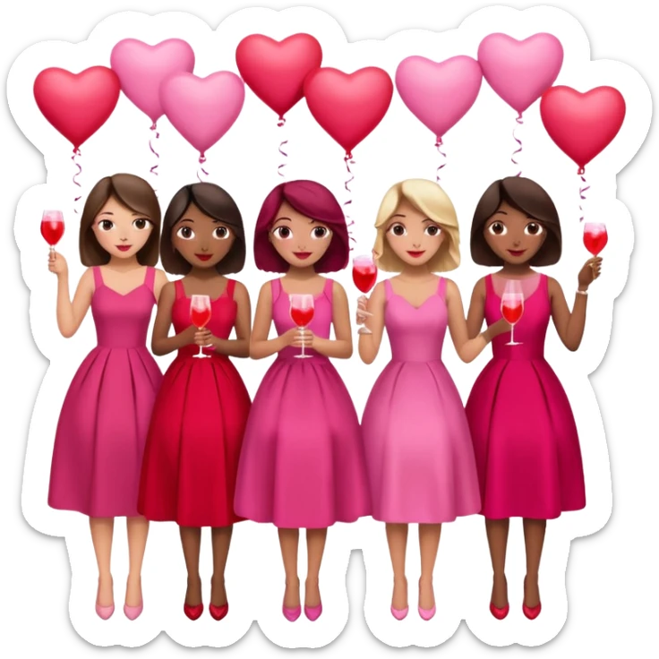 galentines party : they wea red and pink dresses, hold pink and red heart balloons and pink cocktails in their hands, there is a blond girl, a brunette, an asian, and a brown skin girl sticker
