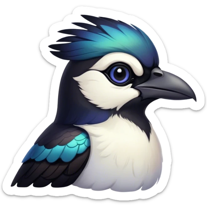 Cinematic Noble Magpie Portrait Emoji, Poised and sleek, with striking, iridescent black and white plumage, a sharp, inquisitive beak, and intense, observant eyes, Simplified yet sharp and sophisticated features, highly detailed, glowing with a soft, urban gleam, high shine, intelligent and graceful, stylized with an air of mischievous charm, focused and alert, soft glowing outline, capturing the essence of a watchful and confident magpie that appears ready to dart out of the screen with effortless authority! sticker