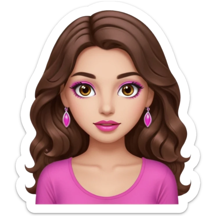 girl with long wavy brown hair, brown eyes, long lashes makeup, sexy pink lips, light to medium complexion, wearing a pink sexy top, no sticker