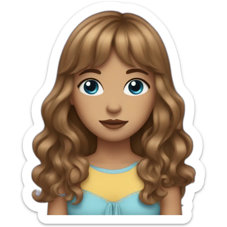 girl with long brown wavy hair with curtain bangs, blue eyes, and high cheekbones sticker