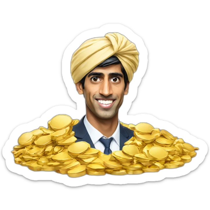 Rishi Sunak wearing a turban standing on pile of gold sticker