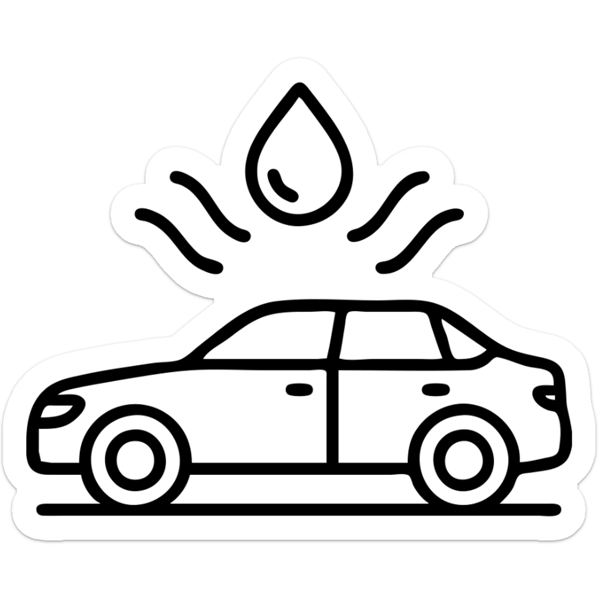 outlined icon of a full premium vehicle with glossy black paint, water droplet sliding on the hood or roof, clean lines, subtle repellent effect with water lines moving away, modern and simple sticker