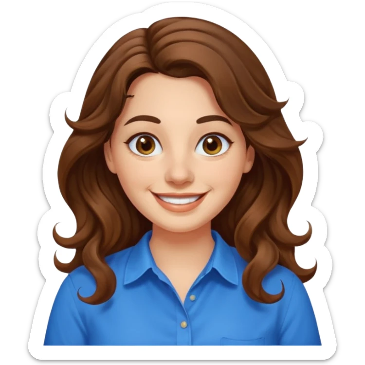 30 yr old italian woman, long brown wavy hair, big brown eyes, huge smile, bright blue shirt, no bangs, a bit chubby sticker