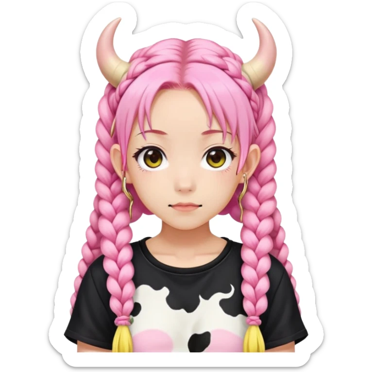 En anime-jente med to rosa lange tykke fletter, ku-horn og ku-ører, sort BH-topp over en gul cropped-fleece-blouse sticker