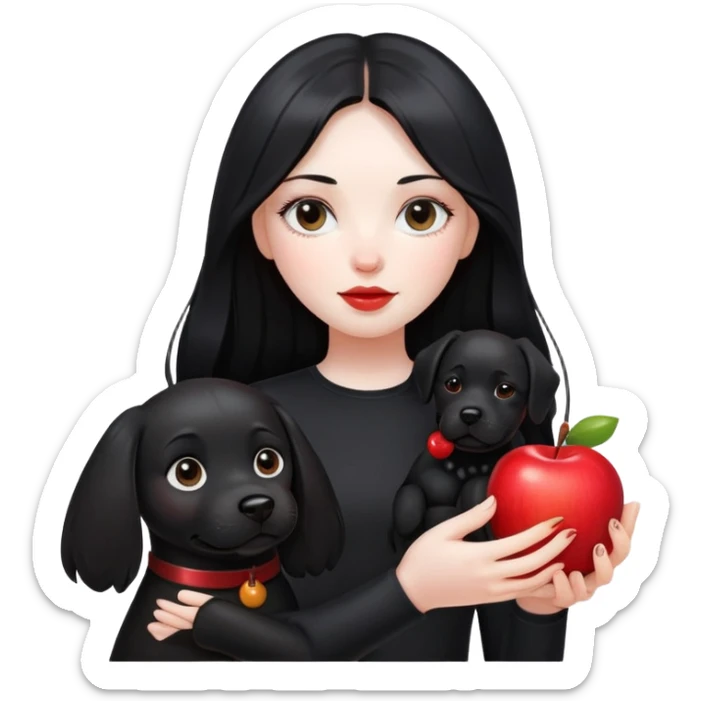 A girl with long black hair wearing black clothes holding a black dog in one hand and an apple in the other hand sticker