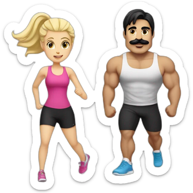 A White guy with black hair and a mustache going to the gym with a blonde girl sticker