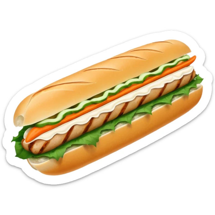 traditional banh mi with char grilled pork emoji 


    Very crusty baguette

    Mayo 

    Pickled carrot 

    Cucumber, coriander/cilantro, green onion, chilli 
 sticker