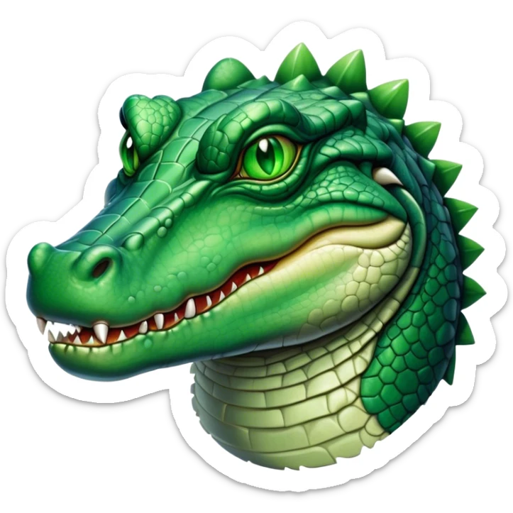Cinematic Noble Crocodile Portrait Emoji, Poised and regal, with a powerful, elongated build and a rugged, scaly emerald-green hide, piercing cold eyes, Simplified yet sharp and sophisticated features, highly detailed, glowing with a soft, dignified glow, high shine, intelligent and formidable, stylized with an air of ancient might, focused and attentive, soft glowing outline, capturing the essence of a watchful and commanding reptile, so majestic it feels as though it could silently slide out of the screen with effortless authority! sticker