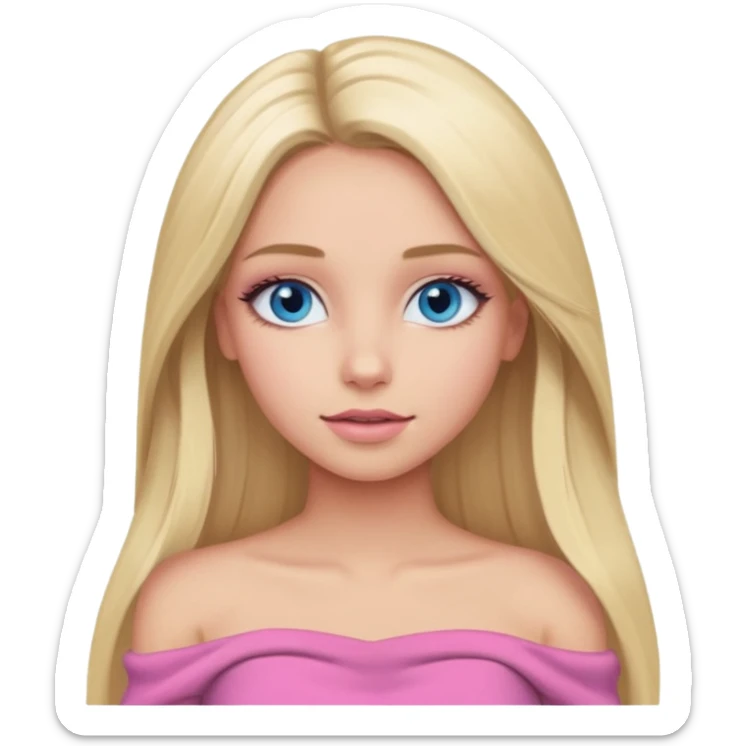 Mädchen mit blondem glattem sehr langem Haar und blauen Ozean Augen und rosanen top ohne Träger und für den Winter und latina make up sticker