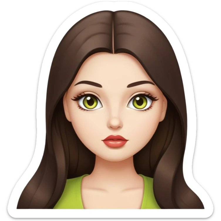 Curvy but beautiful brunette girl, chartreuse eyes, pin straight super long hair, modern style and glossy lips sticker