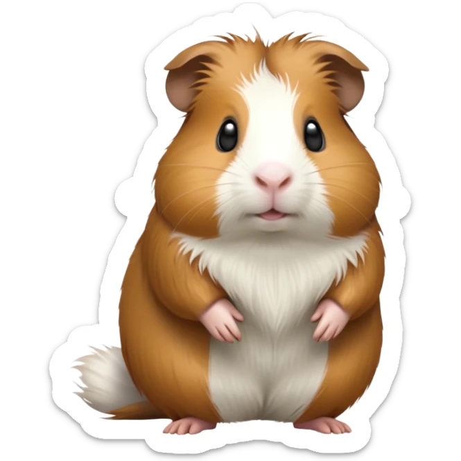 cinematic-[guinea pig]-realistic-full- long elongated body-standing-emoji,-tiny-paws-tucked-close,-head-tilted-dramatically,-fluffy-[brown and white]-fur,-simplified-yet-realistic-focused-features,-highly-detailed,-glowing-with-an-almost-sarcastic-glow sticker