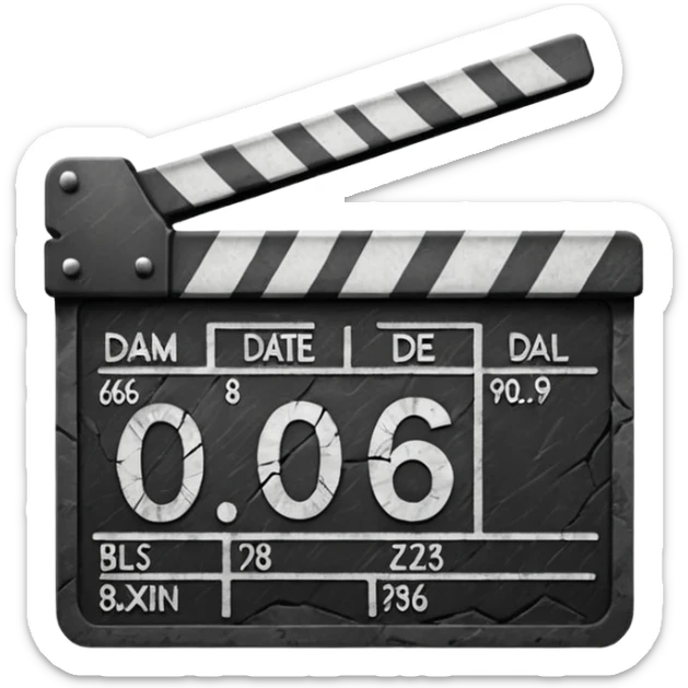 Minimalist emoji-style sticker of a cracked movie clapperboard with the date “06/06/66”, faint scorched marks, all in grayscale


 sticker