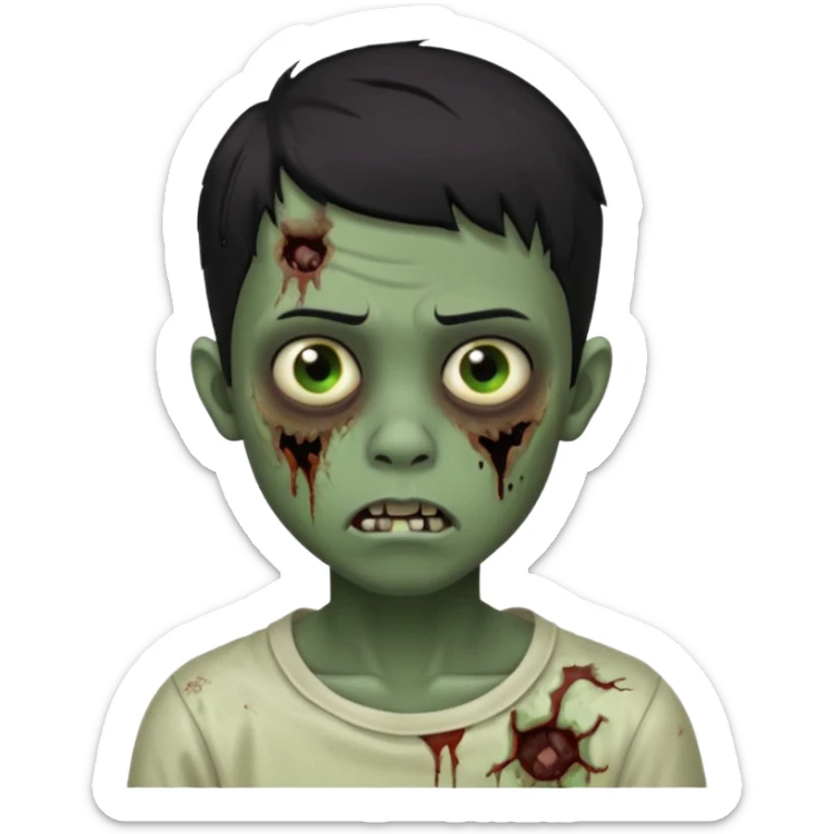 Make a boy zombie dark skin and short black with a hair 4c, spook and creepy expression emoji sticker
