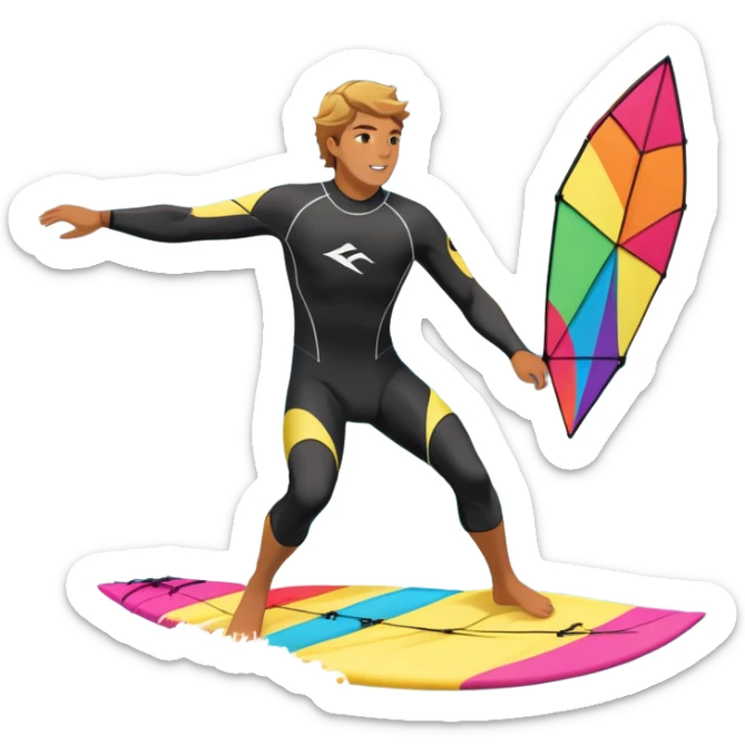 A kite surfer gliding across the ocean, with a colorful kite soaring high in the sky and the surfer carving through the waves. The scene captures the energy and freedom of the sport, with the sun shining and the ocean's waves splashing around. sticker