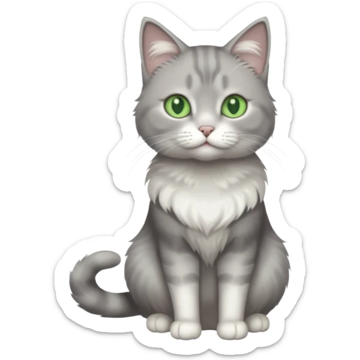 full body view of beautiful female grey cat with green eyes, white paws and white chest sticker
