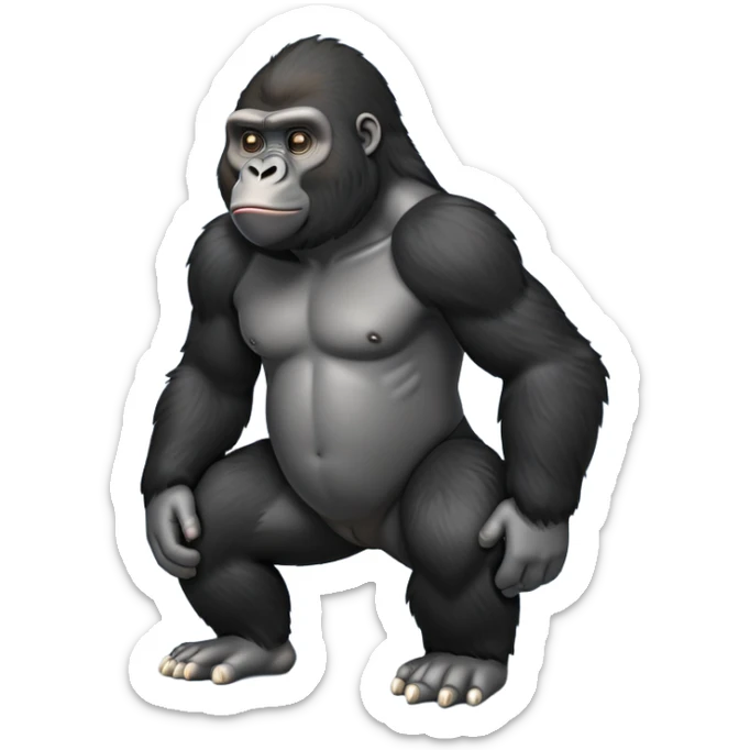 cinematic-friendly relaxed young gorilla-realistic-full-body-crouched on all fours on knuckles-emoji,-poised-with-confidence,-massive-arms-hanging-slightly-forward,-head-tilted-thoughtfully,-thick-black-fur, friendly ,-simplified-yet-realistic sticker