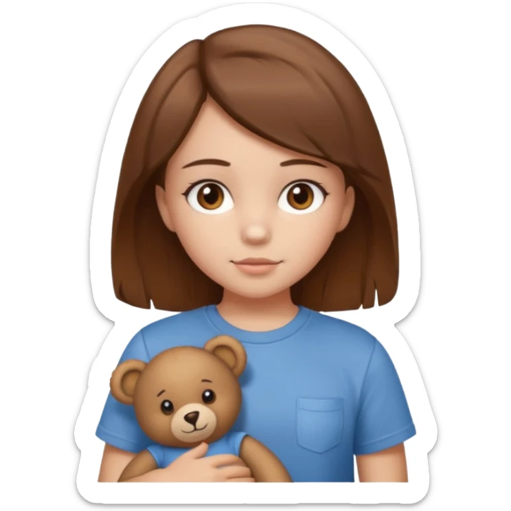 A Girl with Brown hair and Brown eyes with a t-shirt of a Teddy bear sticker