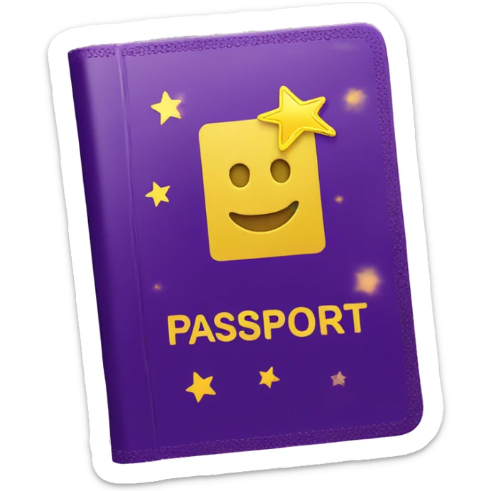 Passport with sparkles logo on the cover, purple and yellow colors sticker
