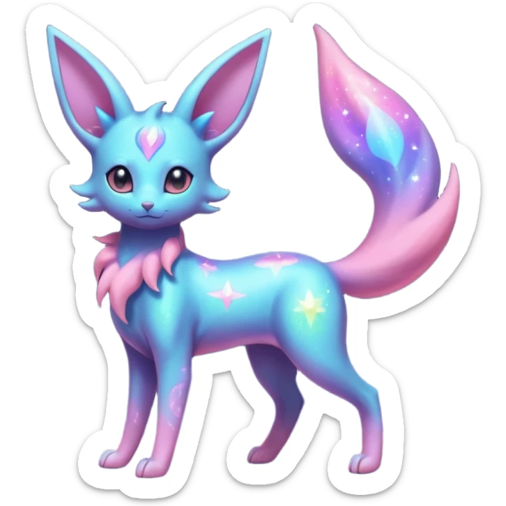 Shiny Iridescent Nebulae Espeon-Umbreon-Sylveon-Fakémon-hybrid-creature (full body)  with a galaxy-dust-flowing-gradient-tail sticker