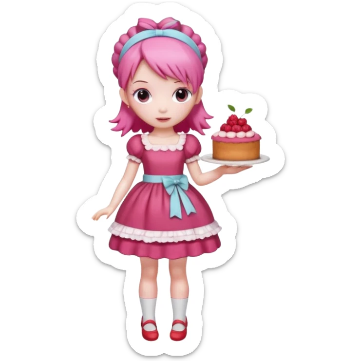 Isolated detaile illustration of the most modern raspberry torte doll figurine full body with pink hair and a hairband sticker