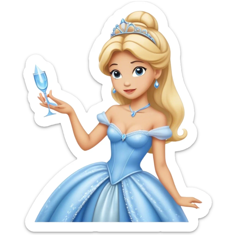 Cinematic Realistic Cinderella Portrait, depicted with lifelike skin texture, subtle rosy undertones, and soft natural lighting that enhances the gentle contours of her face. Her intricately detailed golden blonde hair is elegantly styled in an updo, with delicate wisps framing her face. Her deep, expressive blue eyes radiate warmth and sincerity, reflecting a quiet resilience and grace. She holds a glass slipper gently in one hand, her other hand resting gracefully at her side, emphasizing the timeless beauty of the moment. She is dressed in her iconic ball gown, the fabric shimmering with intricate embroidery and fine translucent layers that catch the light beautifully. The soft sheen of satin gloves adds a magical touch to her graceful pose. The portrait features an enchanting glow with a natural, luminous finish, seamlessly blending realism and fairytale charm to evoke a sense of depth, elegance, and timeless beauty. sticker
