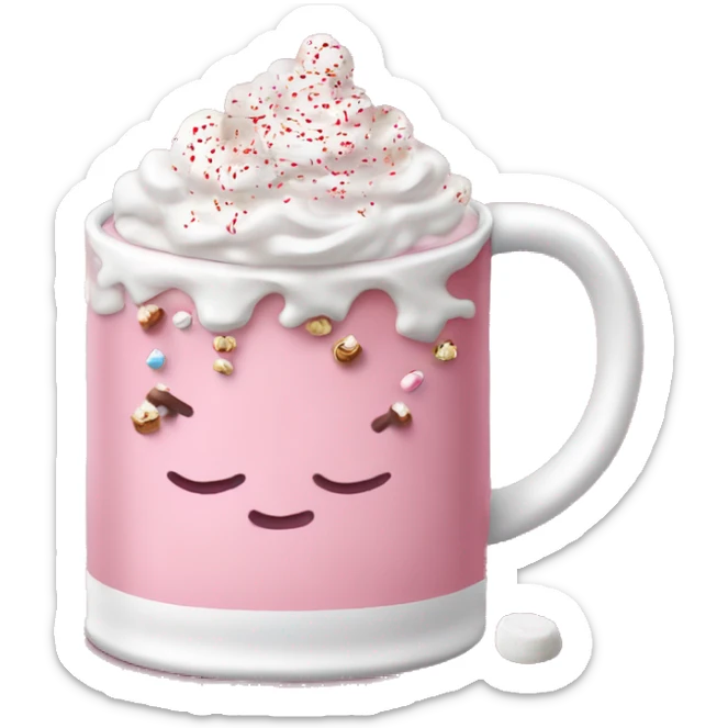 Pink vibe - Christmas decorated mug of hot cocoa with marshmallows and candycane sprinkles and whipped cream. Only mug - no saucer or items outside of mug sticker