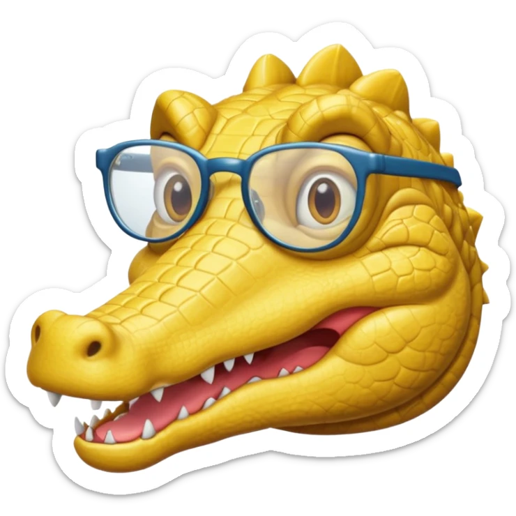 Cocodrilo feliz con boca cerrada mirando de frente que tengan lentes y sea color amarillo con fondo blanco sticker