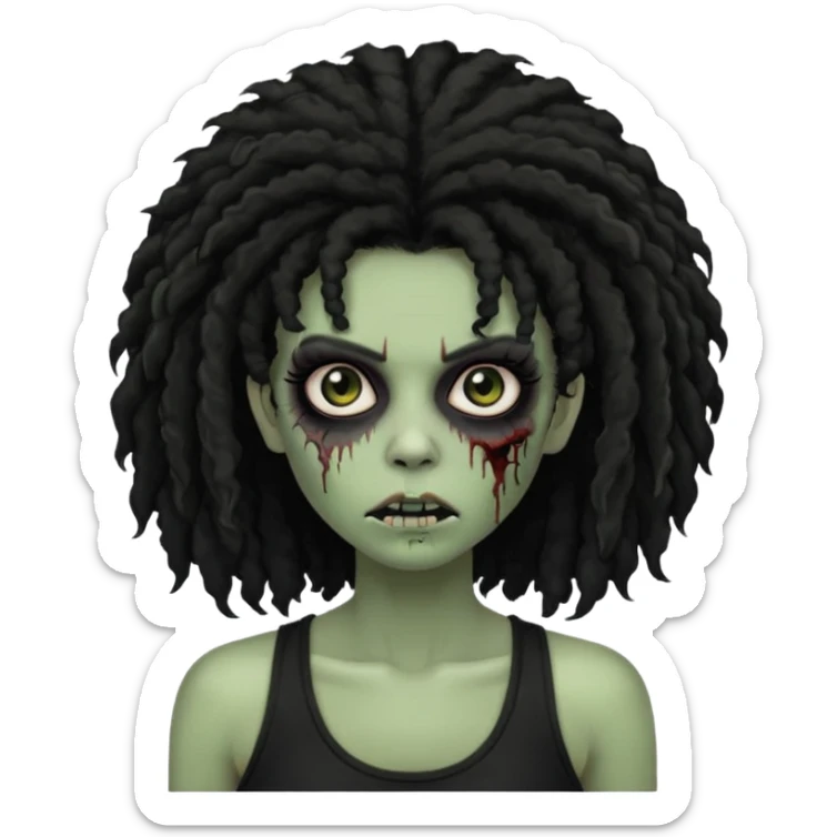 a female zombie with sage green skin, black long afro hair, eyelashes and a black tank top sticker