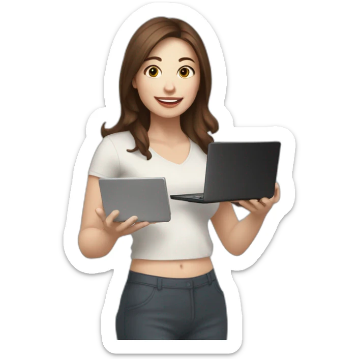 woman with brown hair and pale skin juggling with coffee cups and mini laptops sticker