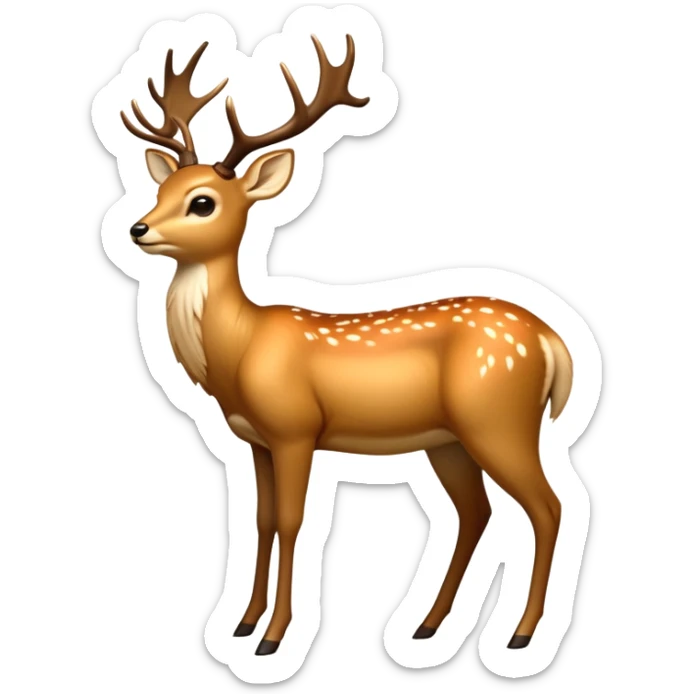 cinematic-[deer]-realistic-full-body-standing on all fours-emoji,-tail-tucked-close,-head-tilted-dramatically,-sleek-[fawn]-fur,-simplified-yet-realistic-focused-features,-highly-detailed,-glowing-with-an-almost-sarcastic-glow big antlers sticker