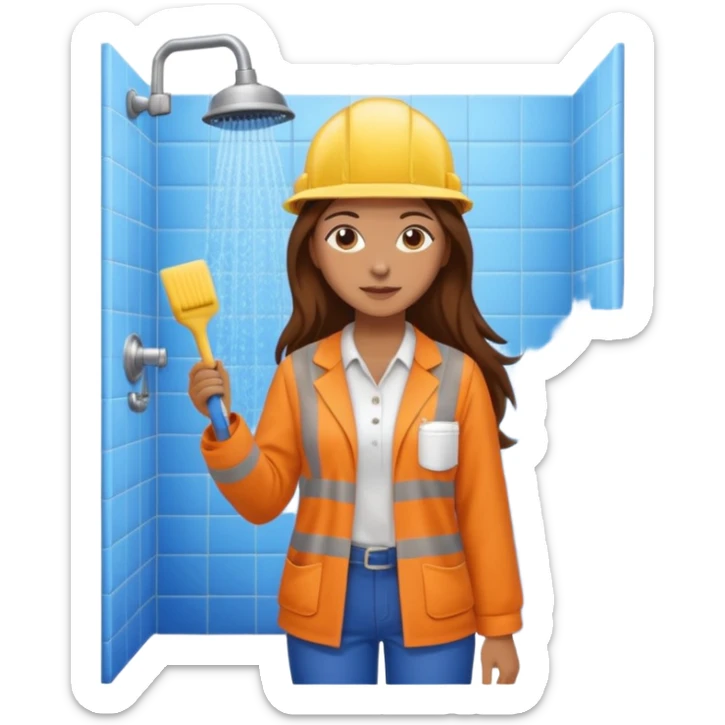 beautiful girl with long brown hair constructing new bathroom area with new shower and amenities  sticker