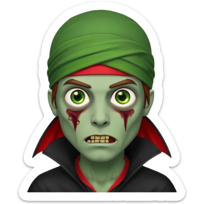 Red durag, men zombie with brown hair color and green eye color, with dark vampire clothes, green skin sticker