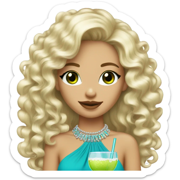A skinny blonde with blue eyes and curly hair having margaritas with a thicker brunette with bling highlights and green eyes sticker