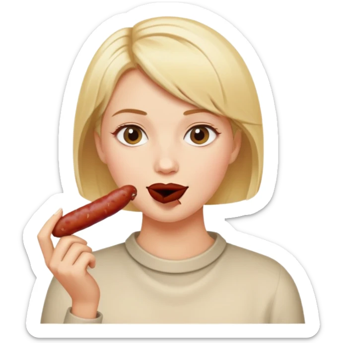 Elegant short haired blonde woman eating dried sausage sticker