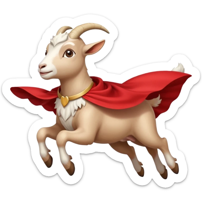 side view of white female goat wearing a read cape like superman sticker