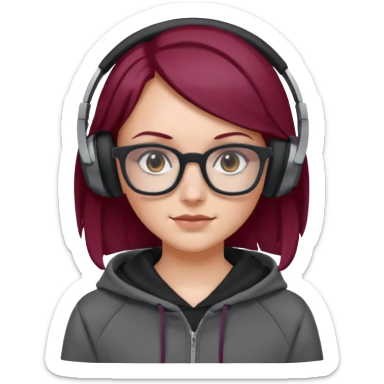 white girl with burgundy hair, gray square glasses, black deportive hoodie and black headphones sticker