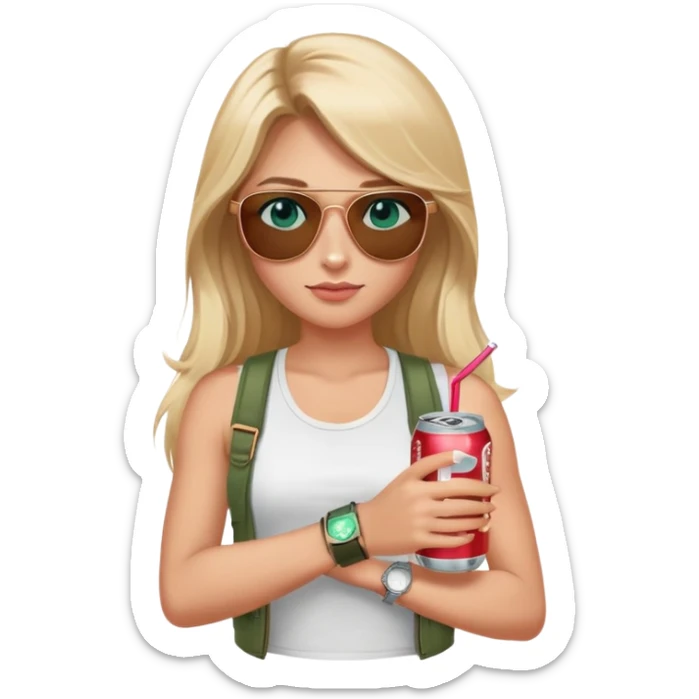 girl with long blond hair
with blue eyes
and aviator sunglasses
wearing white tank top 
holding one soda can
wearing (rose gold apple watch with forest green band) sticker