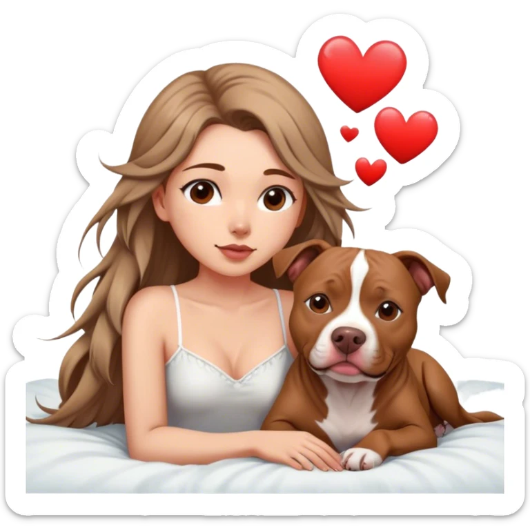 A pretty girl with long feathers hair cascading down her face sits on the bed with her brown pit bull ￼ laying beside of her heart is flying all around sticker