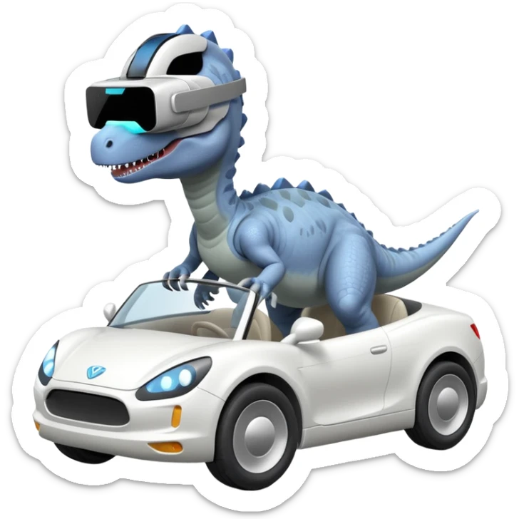Dinosaurio  gris subido en un carro blanco tecnológico con lentes de realidad virtual sticker
