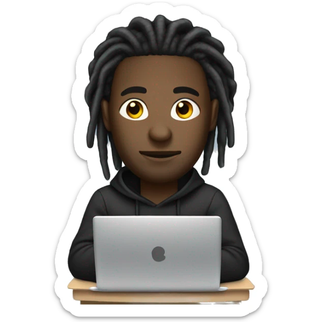Black-guy-with-dreads-wearing-black-trackstuit-sitting-down-on-chair facing-foward-focused-on-laptop-computer- sticker
