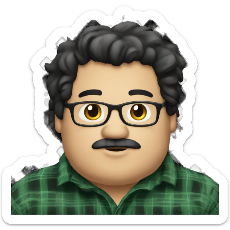 Fat man wearing a darkgreen and black plaid flannel shirt profile picture, happy, black hair sticker