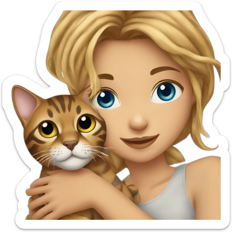 a beautiful girl with blue eyes and brown hair is holding a Bengal cat with yellow eyes in her arms sticker