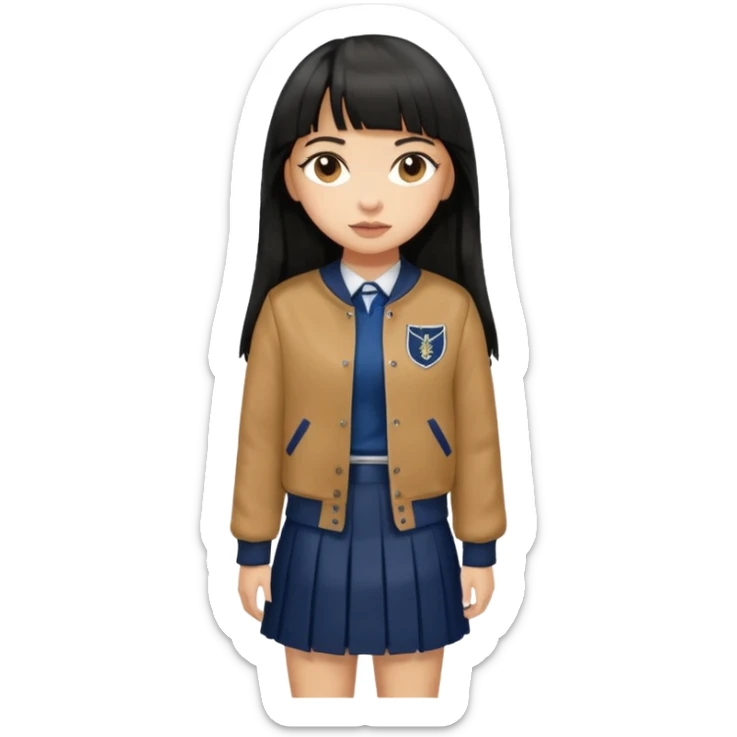 hair : black long hair with fringe 
skin : light 
cloth : brown varsity jacket + navy long long school girl skirt 


 sticker