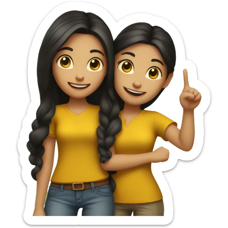2 girls with dark hair wearing mustard yellow shirts and posing peace sign while the other poses thumbs up sticker