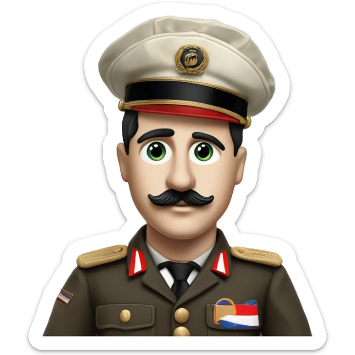 Charlie chaplin as the great dictator with tootbrush mustache but without hat, black sideways combed hair and brown classical 1936 dutch military uniform and red white soccer captains upper armbracelet looking fiercefully sticker