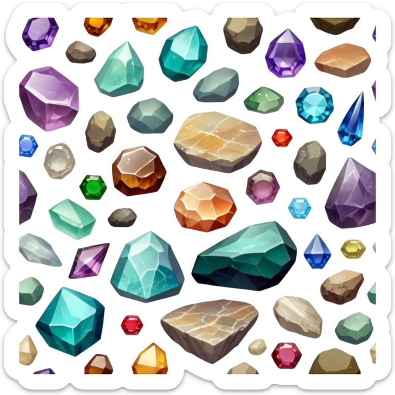 Icon for Mineral, Stone & Fossil Collecting: a display of various colorful minerals, gemstones, and fossils, arranged neatly on a table or shelf. The icon should reflect the beauty and scientific interest of collecting natural specimens. Transparent background. sticker