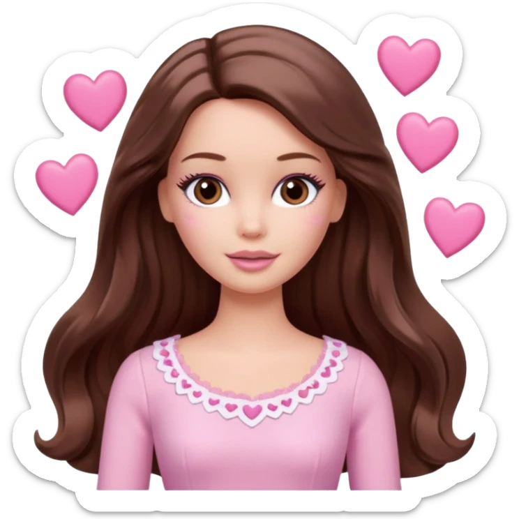 Barbie girl and  makeup , brown long straight wavy hair and brown eyes is In pale pink clothes There are pink hearts all around sticker