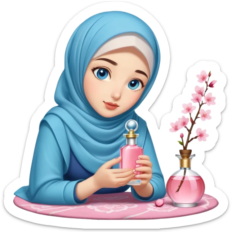 Turkish beautiful finish Konya girl blue eyes with cherry blossom hijab smells perfume on the floor  sticker